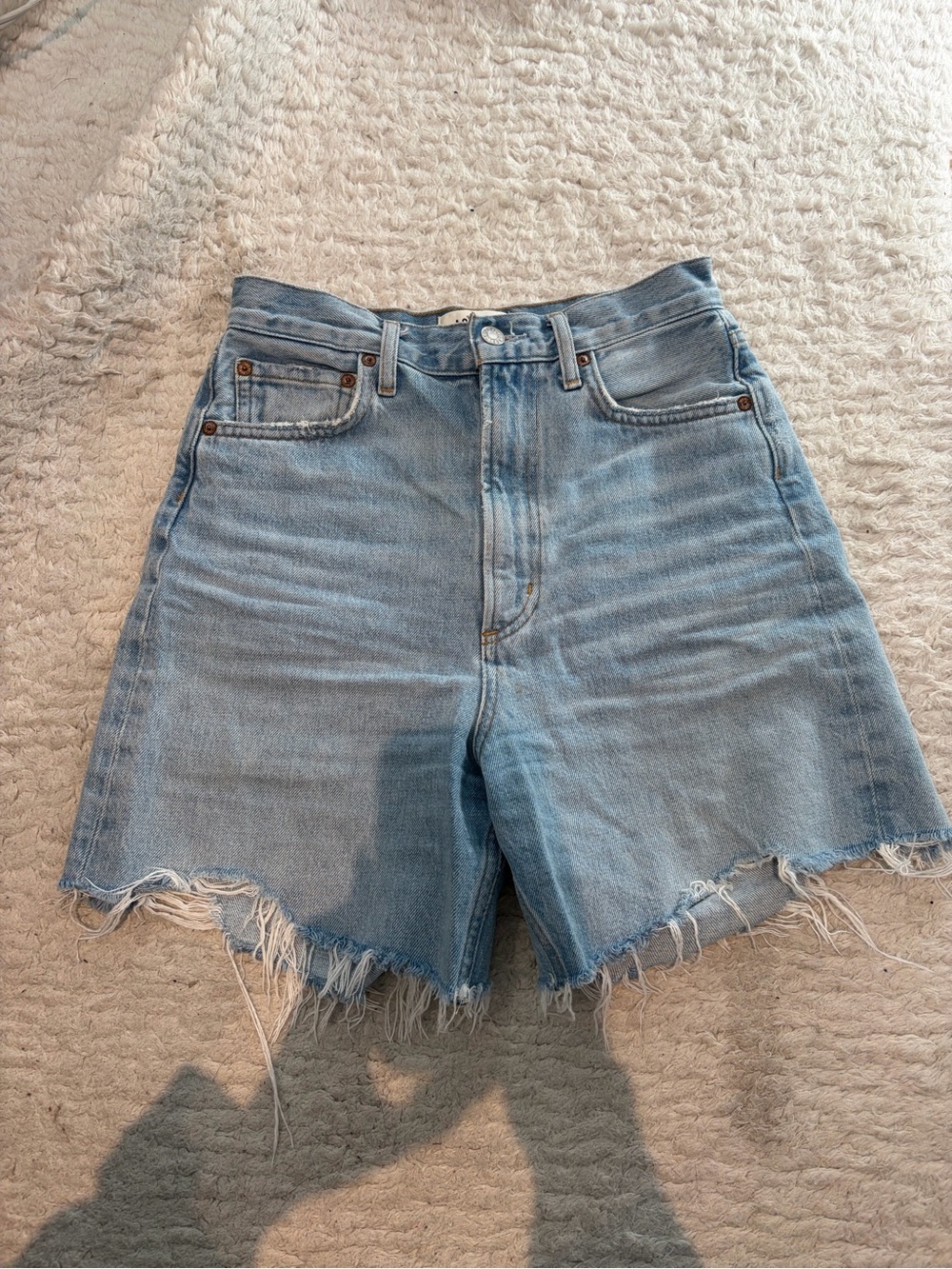 AGOLDE Light Blue High-Rise Frayed Hem Denim Shorts